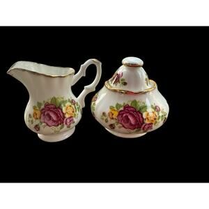 Cottage Rose Fine Bone China Creamer & Sugar Bowl Pink Yellow Gold Trim